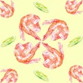 Watercolor Seamless pattern with shrimps and lime . Illustration isolated on yellow background Royalty Free Stock Photo