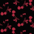 Watercolor seamless pattern with silhouettes of dark red roses and leaves on black background. Chinese motifs. Royalty Free Stock Photo