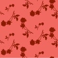 Watercolor seamless pattern with silhouettes of dark red roses and leaves on light red background. Chinese motifs. Royalty Free Stock Photo