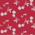 Watercolor seamless pattern with silhouettes of gray roses and leaves on dark red background. Royalty Free Stock Photo