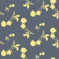 Watercolor seamless pattern with silhouettes of light yellow roses and leaves on gray background. Chinese motifs. Royalty Free Stock Photo