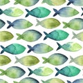 Watercolor seamless pattern of simple silhouette green and blue