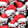 Watercolor seamless pattern with sketchy skulls in Santa hat. Cretive New Year. Celebration illustration. Can be use in