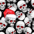 Watercolor seamless pattern with sketchy skulls in Santa hat. Cretive New Year. Celebration illustration. Can be use in