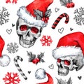 Watercolor seamless pattern with sketchy skulls in Santa hat, snowfalkes, leaves. Cretive New Year. Celebration