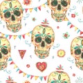 Watercolor seamless pattern with skull and sugar face Royalty Free Stock Photo