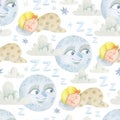 Watercolor sleeping baby, smiling retro moon and clouds seamless pattern