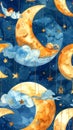 Watercolor seamless pattern with sleeping moon and stars on a dark blue background Royalty Free Stock Photo