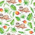 Watercolor seamless pattern with sloths, leaves and mango