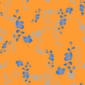 Watercolor seamless pattern small wild branch with blue flowers on a deep orange background  -3 Royalty Free Stock Photo