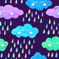 Watercolor seamless pattern with smiling clouds and colorful rain.