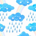 Watercolor seamless pattern with smiling clouds, rain and rainbow.