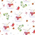 Watercolor seamless pattern with snowman, bird and mittens Royalty Free Stock Photo