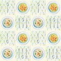 Watercolor seamless pattern with soups, napkins and tableware