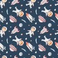 Watercolor seamless pattern space with little astronauts, rocket, shuttle, flying saucer, comets, meteorites, planet on a blue