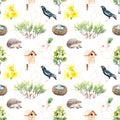 Watercolor seamless pattern - spring, birds, chicks nest, Hedgehog