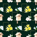 Watercolor seamless pattern - spring, birds, chicks nest