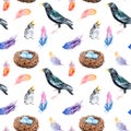 Watercolor seamless pattern - spring, birds, chicks nest