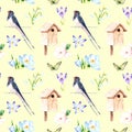 Watercolor seamless pattern - spring, birds, chicks, nest