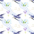 Watercolor seamless pattern - spring, birds, chicks nest