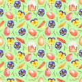 Watercolor seamless pattern spring flowers and eggs