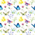 Watercolor seamless pattern - spring flowers, first, butterfly Royalty Free Stock Photo