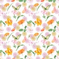 Watercolor seamless pattern - spring flowers, first, butterfly