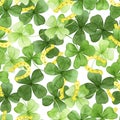 Watercolor seamless pattern on it for st. patrick`s day. green four-leaf clover and golden horseshoes. cute holiday print Royalty Free Stock Photo