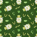 Watercolor seamless pattern for St. Patrick's Day. Illustration with gnome, horseshoe, boot and clover.