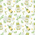 Watercolor seamless pattern for St. Patrick's Day. Illustration with gnome, whiskey, stocking and branch and coin