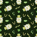 Watercolor seamless pattern for St. Patrick's Day. Illustration with gnome, horseshoe, boot and clover.