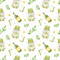 Watercolor seamless pattern for St. Patrick's Day. Illustration with gnome, whiskey, stocking and branch and coin