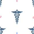 Watercolor seamless pattern The Staff of Asclepius health medical cliparts, healthcare clipart, medical illustration