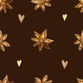 Watercolor seamless pattern with star anise. Spices and coffee hearts.