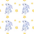 Watercolor seamless pattern with stars, bunny, hand drawn sketch, Christmas illustration Royalty Free Stock Photo