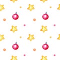 Watercolor seamless pattern with stars, christmas balls, hand drawn sketch, Christmas illustration Royalty Free Stock Photo