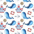 Watercolor seamless pattern with steamboat and whale