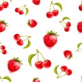 Watercolor seamless pattern with strawberries and cherries. Hand drawn design. Royalty Free Stock Photo