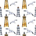 watercolor seamless pattern with striped lighthouse, grey seabird, different striped lifelines and textured cable with Royalty Free Stock Photo