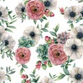 Watercolor seamless pattern with succulent, ranunculus, anemone. Hand painted flowers, eucaliptus leaves and succulent