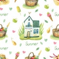 Watercolor seamless pattern with summer cottage, picnic basket, ice cream