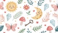 Watercolor Seamless Pattern Sun, Moon, Butterflies, and Flowers, watercolor, seamless, pattern Royalty Free Stock Photo