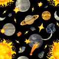 Watercolor seamless pattern with the sun and planets of the solar system mercury, venus, earth, mars, jupiter, saturn Royalty Free Stock Photo
