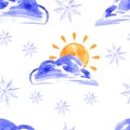 Watercolor seamless pattern with sun and snow. Royalty Free Stock Photo