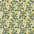 Watercolor seamless pattern with sunflowers field.