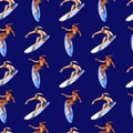 Watercolor seamless pattern with surfers on blue background, bright hand-drawn background.