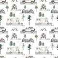 Watercolor seamless pattern with SUV, motorhome, travel cars, mountains, fir trees on white background