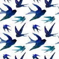 Watercolor seamless pattern of swallows silhouettes in blue
