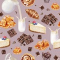 Watercolor seamless pattern sweet food on a color background.