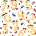 Watercolor seamless pattern with sweet mathematical symbols and berries. Decorative cake numbers from zero to nine Royalty Free Stock Photo